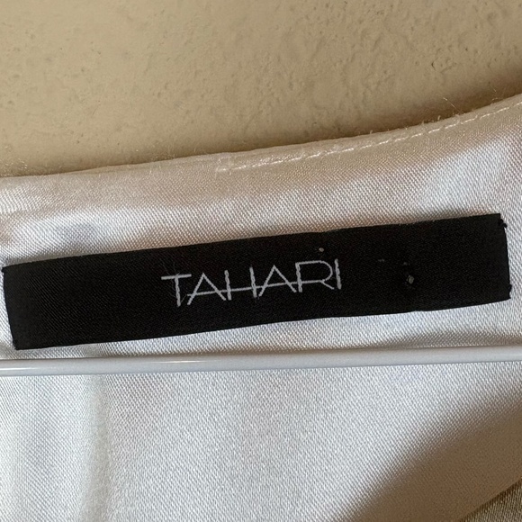 Tahari Satin Abstract Ivory/Brown Animal Print Sheath Sleeveless Lined Dress - Picture 11 of 13